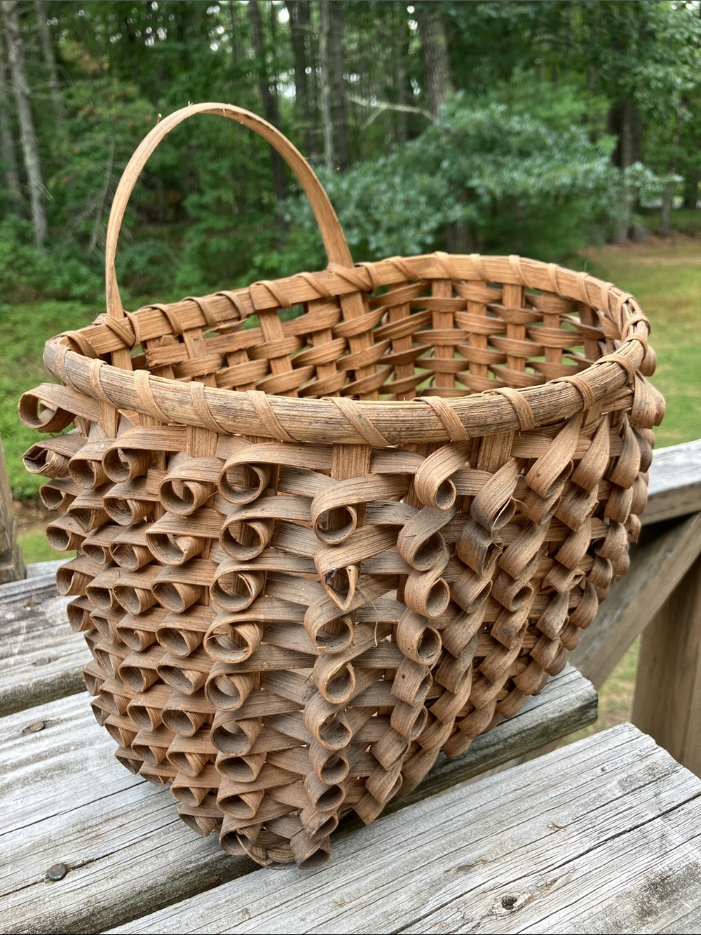 Mid 20th-Century Ash Splint Curly Weave Basket Porcupine Maine